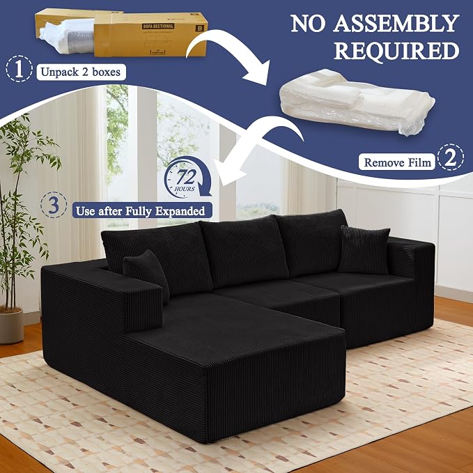 Modular Sectional Sofa for Living Room, 108" Cloud Couch Sectional with L-Shape Chaise, Modern Upholstered Corduroy Boneless Couch with Memory Foam Deep Seat, No Assembly Required (Black)