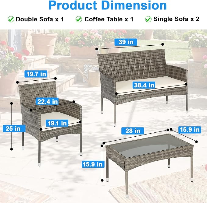 FDW Outdoor Patio Furniture Set Wicker Patio Set PE Rattan Furniture Bistro Set for Outdoor Indoor Use with Loveseats Coffee Table, Khaki Cushions, 4 Pieces