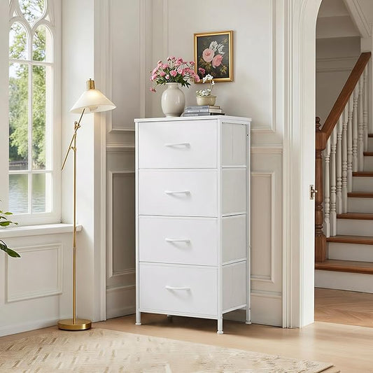 4 Drawers Dresser for Bedroom, Fabric Storage Tower Organizer with Wooden Top and Steel Frame, Tall Chest of Drawers for Closet, Entryway, Dorm, Ivory White