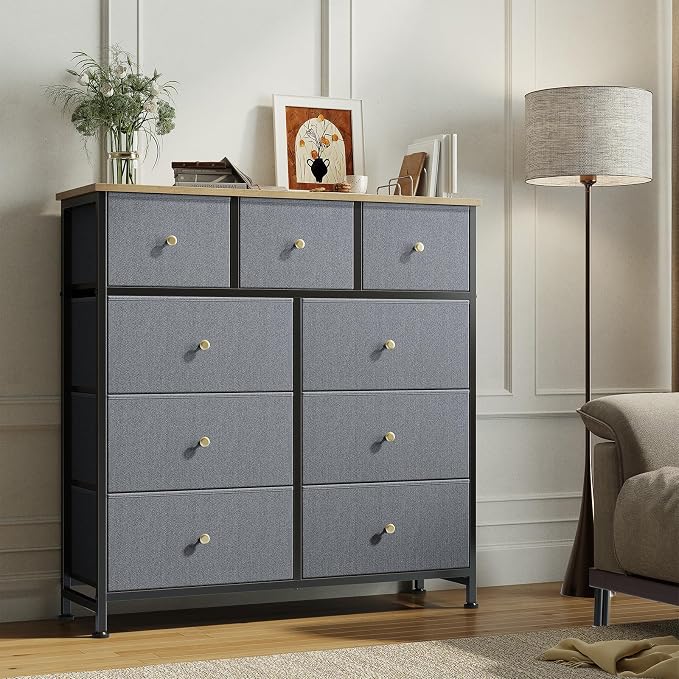 OLIXIS 9 Drawer Storage Dresser with Wood Top - Wide Fabric Chest Organizer for Bedroom, Closet, Living Room,Tower Cabinet, TV Stand, Hallway Entryway Furniture,Gray Blue