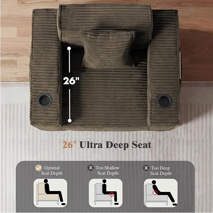 43.3" Boneless Chair with Cup Holder,Oversize Accent Chair with Side Pocket, Large Reading Sofa Chair for Compact Living Rooms, Apartments (Brown, Single Sofa Chair)