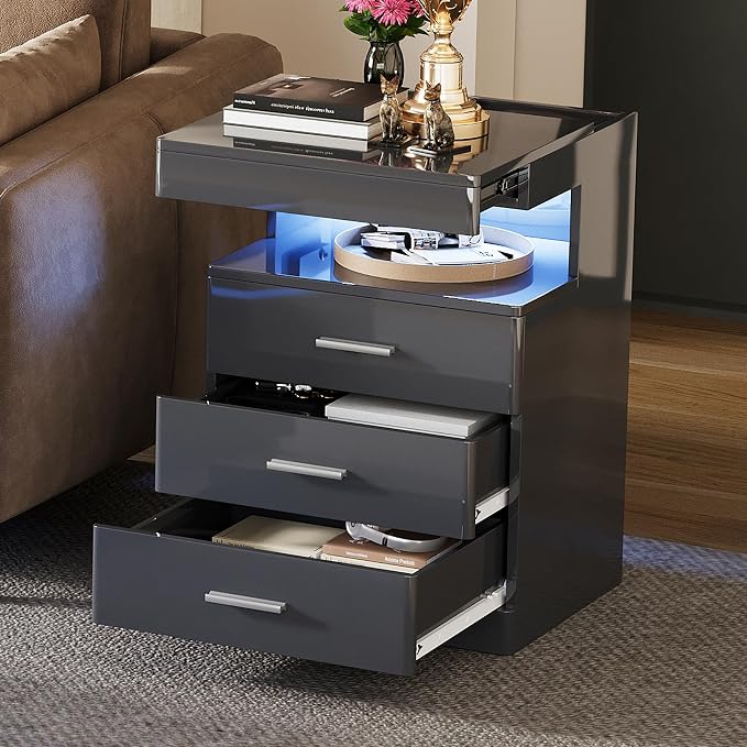Treocho Led Nightstand with Hidden Space, Modern Night Stand with Charging Station, 3 Drawer Smart Nightstand with Glossy Finish, Tall Bedside Table with RGB Lights for Bedroom, Grey