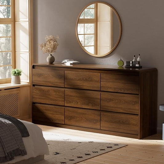 Oransail 9 Drawer Dresser, 63" Wide Walnut Dresser Chest of Drawers, Curved Anti-Collision & Anti-Tipping Design, Mid Century Modern Wooden Dresser for Bedroom, Living Room, TV Stand
