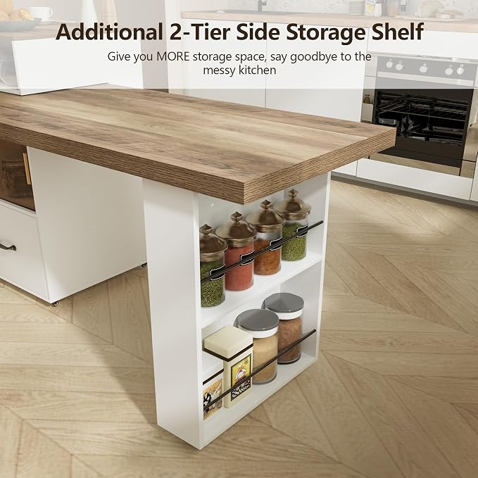 Kitchen Islands with Extendable Dining Table Rolling Islands Power Outlet Mobile Storage Islands Cart on Wheels with Drawers and 2 Side Open Shelves for Dining Room, White