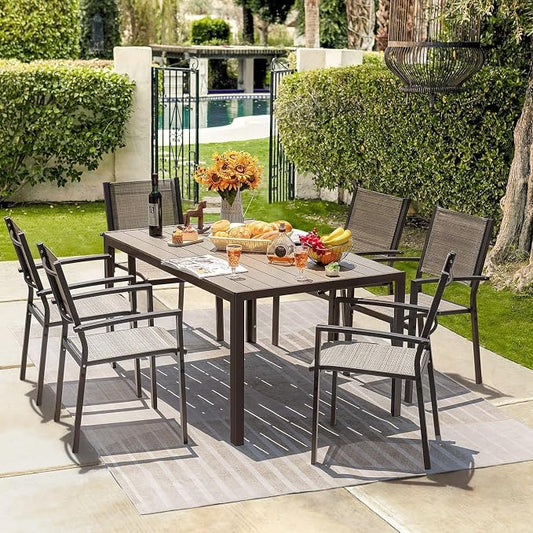 Homall Patio Dining Set 7 Pieces Outdoor Furniture with Large Table and 6 Textilene Chairs for Porch, Poolside, Yard and Garden, Brown