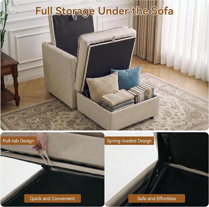 30" Beige Faux Leather Storage Sofa Chair, Single Accent Chair with Ottoman | Modern Upholstered Deep Seat Sofa Chair, Comfort for Reading, Lounging, and Small spaces, Armchair for Living Room, Bedroom