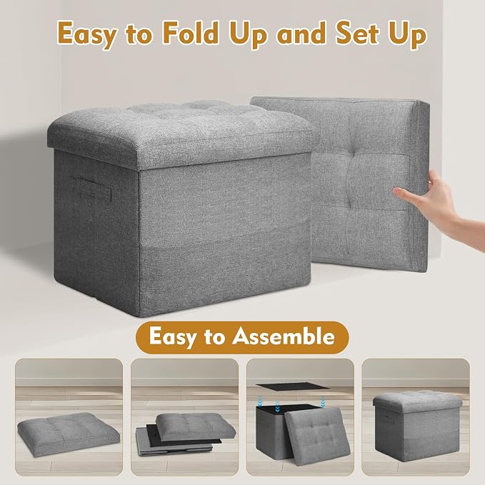 BelugaHelper Storage Ottoman Foot Rest, Folding Linen Foot Stool with Thicker Foam Padded Seat. Small Ottoman with Storage Bench for Bedroom Living Room, Holds Up to 300 lbs, 17x13x13IN (Light Gray)