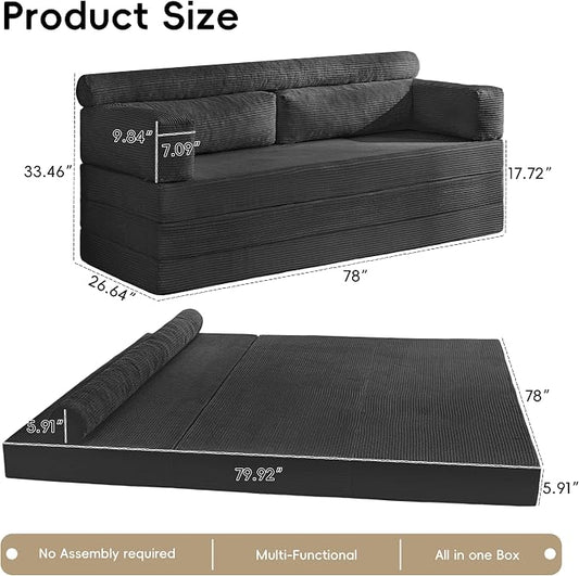 78" Boneless Couch, 5-in-1 Convertible Sofa Bed Tri Folding Mattress with Removable L-Shaped Armrests, Corduroy Futon Couch Sleeper with Pull Out Bed for Living Room Bedroom Apartment, Black