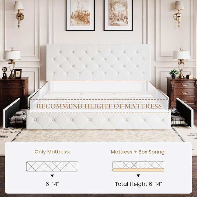 SHA CERLIN King Size Platform Bed Frame with 4 Oversized Storage Drawers, Adjustable Headboard with Velvet Upholstery, Diamond Button Tufted Design, Wooden Slat Support, No Box Spring Needed, White