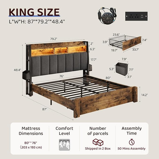 BRELTAM King Size Bed Frame with 2 Storage Drawers, Wood Platform Bed Frame with 2-Tier Storage Headboard Built in Charging Station & LED Light,Noise-Free/Metal Support/No Box Spring Needed,Brown