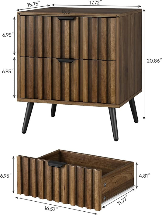 Smuxee Walnut Wooden Night Stand, Mid Century Nightstand with 2 Fluted Drawers, Bedside Table with Open Shelf, Modern End Side Table for Bedroom