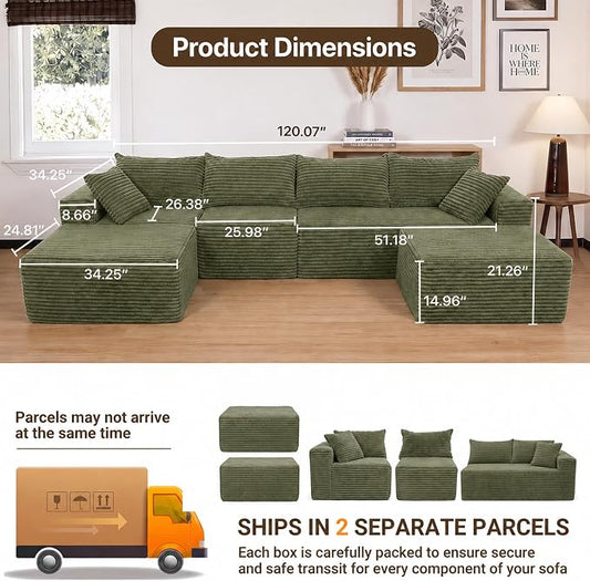 Claiks 120" Boneless Couch, Cloud Couch Sectional, U-Shape Corduroy Modular Sectional Sofa Deep Seat, Upholstered Couches for Living Room, No Assembly Required, Green