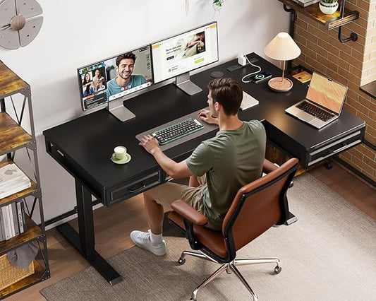 OffiGo L Shaped Electric Standing Desk with Wooden Drawers, 55 Inch Height Adjustable Corner Workstation with Power Outlets, Sit Stand Table for Home, Office, Black