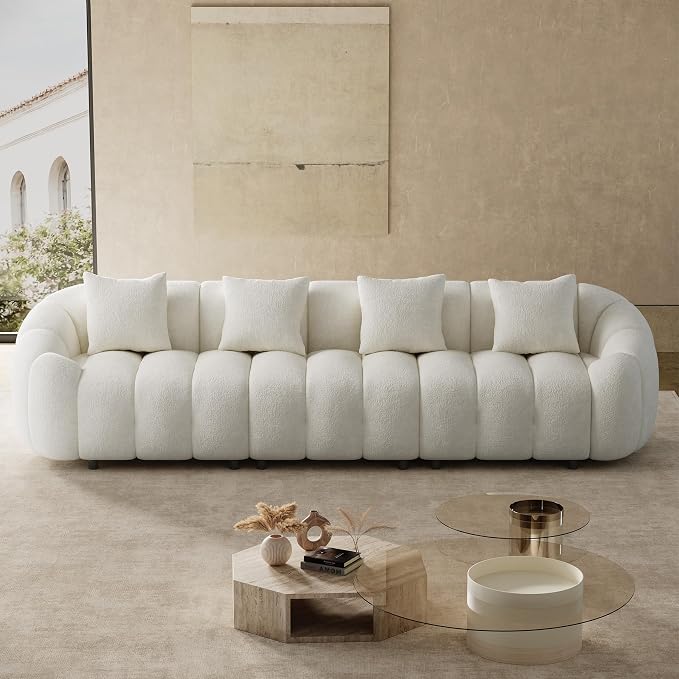 124" Oversized Minimalistic Boucle Sofa for Living Room, Luxury Plush Extra Deep Seat Sectional Sofa, Modern Comfy Curved Cloud Couch, Upholstered 5-Seater Chenille Couches, Beige White