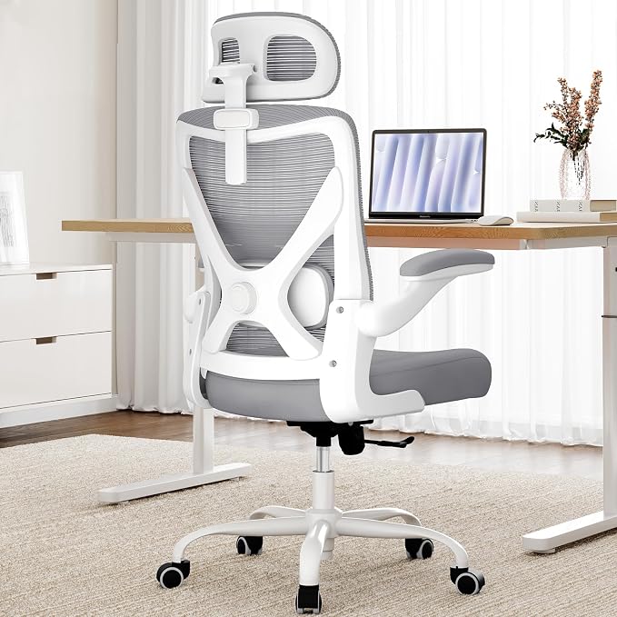 Ergonomic Office Chair: White Computer Desk Chair Comfy Gaming Chair for Adults - Office Chair with Lumbar Support & Headrest - Executive Office Rolling Chairs for Home Work (Grey)