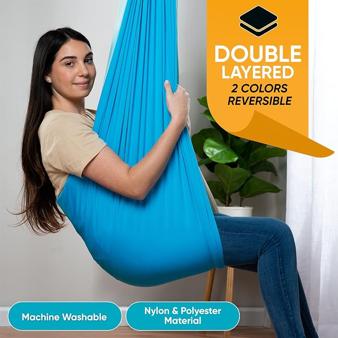 Indoor Sensory Swing for Kids or Outdoor – Holds 300lbs, Double-Layer, & 360° Swivel, Calming Compression Therapy Swing Hammock for Kids & Adults with All Hardware – Sensory-Motor Toys & Gifts
