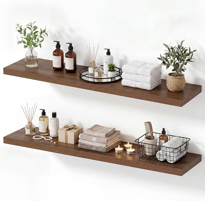 Vivelove 10" Deep Floating Shelves with Invisible Brackets, 40" Wall Shelves for Bathroom Bedroom Kitchen Living Room Laundry, Modern Rustic Shelves for Home Decor, 40"x10.2"x1.5", Set of 2, Walnut