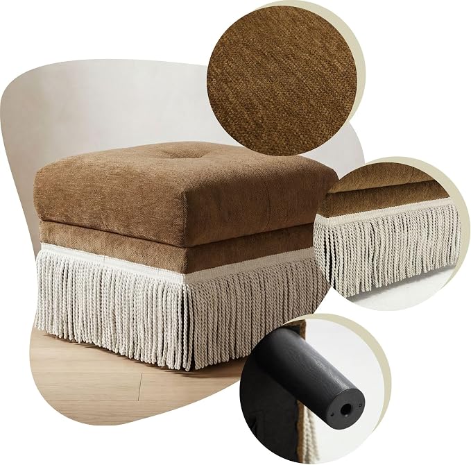 Hyfirm Brown Upholstered Accent Ottoman with Fringe, 22 Inch Square Plush Footstool Ottomans Bench for Bedroom, Modern Boho Pouf Foot Rest for Living Room, Couch