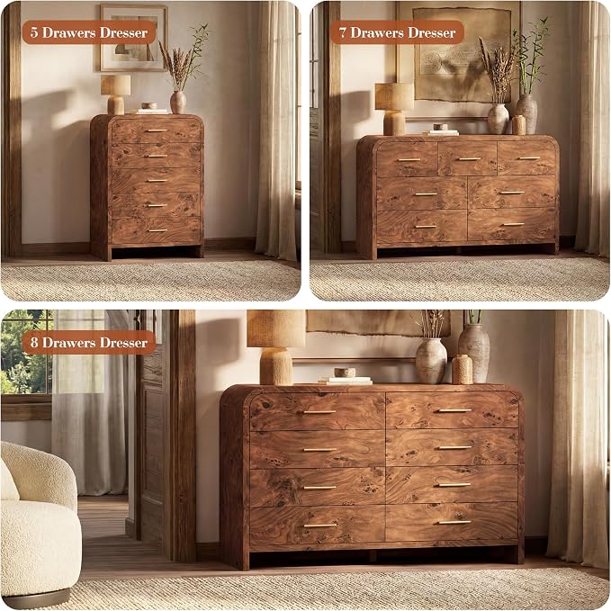 Curved 8-Drawer Dresser for Bedroom, 53.82" Wide Modern Chest of Drawers, Vanity Desk TV Stand for Living Room, Closet Storage Drawers Organizer Furniture, Nursery, Hallway, Dark Burl