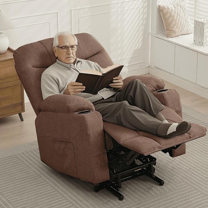 Korser Power Recliner Chair with Massage and Heating, Power Lift Recliner Chair for Elderly and Adults, Electric Recliner with Remote Control and Cup Holders for Living Room, Linen Fabric, Brown