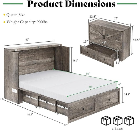 AMERLIFE Queen Murphy Bed Cabinet with 6" Tri-Fold Memory Foam Mattress, Storage Drawer & Charging Station, Space-Saving Guest Bed for Home Office, Rustic Grey