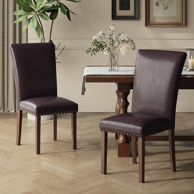 COLAMY Parsons Dining Chairs Set of 4, PU Leather Dining Room Kitchen Side Chair with Nailhead Trim and Wood Legs - Dark Brown