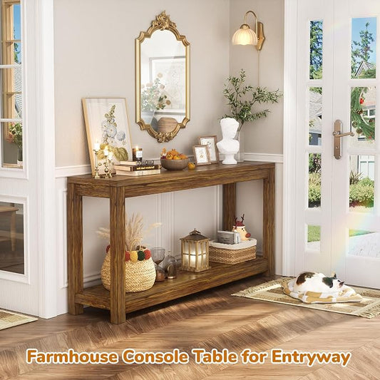 Besiost 47" Farmhouse Wood Entryway Table Narrow Console Table with Storage Behind Couch Sofa Table with Shelves Entry Way Table with Open Storage, Easy Assembly, Rustic Brown