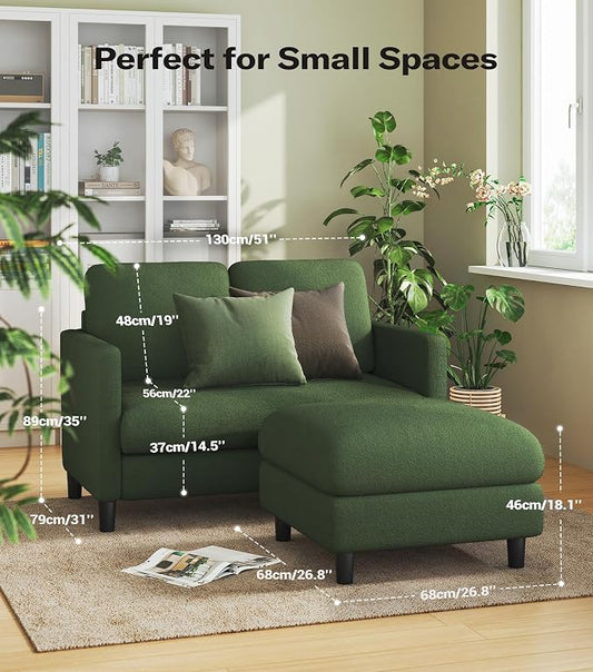 Welzona Loveseat, 51" Small L Shaped Couch, Comfy Teddy Love Seat with Ottoman Set, Tool-Free Setup Loveseat Sofa with Ottoman, All-Wood Small Sofa Couch for Bedroom, Couch for Living Room, Green
