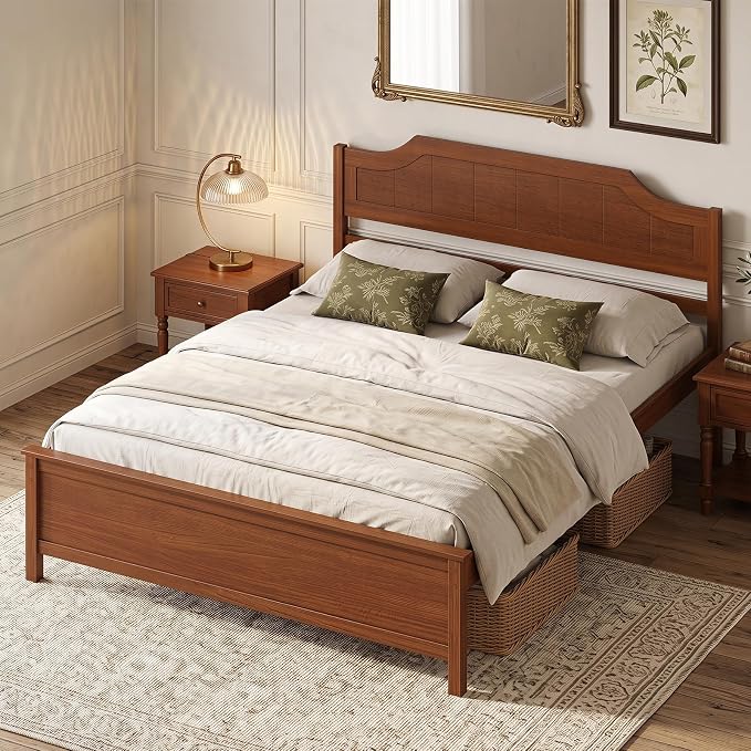 Giantex Queen Size Wooden Bed Frame with Headboard, Wood Slat Support | Farmhouse Platform Bed with Heavy Duty Mattress Foundation, Under-Bed Storage, No Box Spring Needed, Easy Assembly (Walnut)