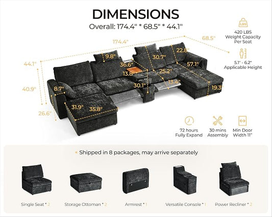 174.4'' Oversized Modular Power Recliner Sofa with Headrest, Deep Cloud Couch with Table, Charging Cup Holders, Convertible U-Shaped 6-Seater Sectional with 2 Storage Ottomans, Chenille, Black