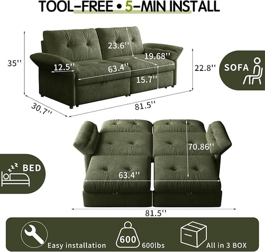 81.5'' Full Sleeper Sofa, Pre-Assembled, Chenille Pull Out Couches Bed, 3-in-1 Convertible Sofa, Adjustable Backrest, Small Loveseat for Small Space, Living Room, Apartment, Chenille Green