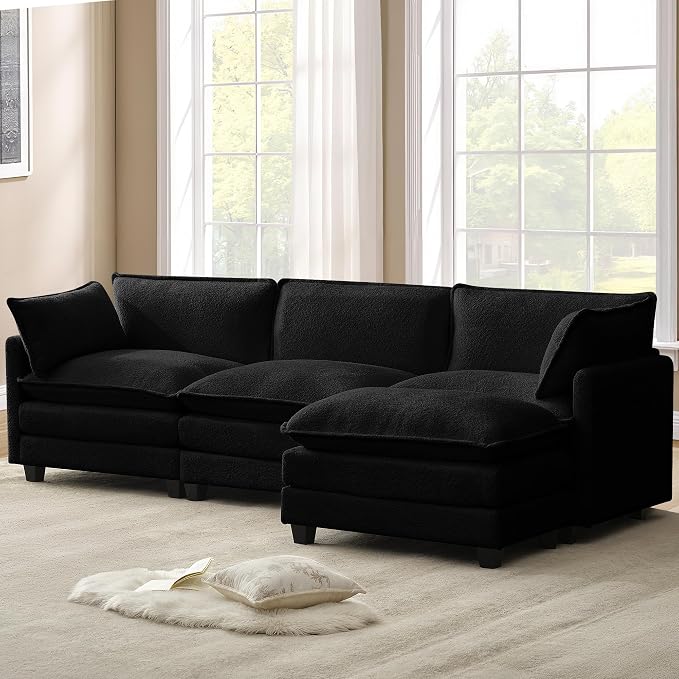 ROWHY 112'' Modular Sectional Cloud Couch with Movable Ottoman, 4 Seat Modern Chenille Sofa with 2 Throw Pillows, Deep Seat L Shaped Couch for Living Room Bedroom Apartment, Black | Arrange Freedom