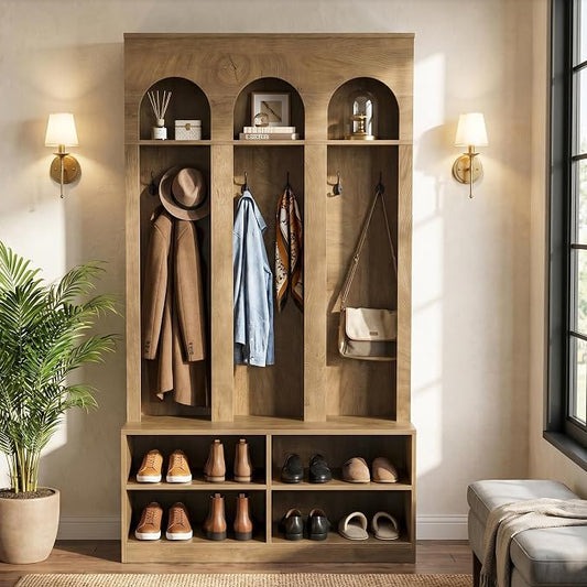 LITTLE TREE Hall Tree, 70" Entryway Bench with Coat Rack and Shoe Storage | 6 Double Hooks, Mudroom Bench with Storage and Hooks, Entryway Storage Furniture, Farmhouse Hall Tree, Hallway Tree, Brown