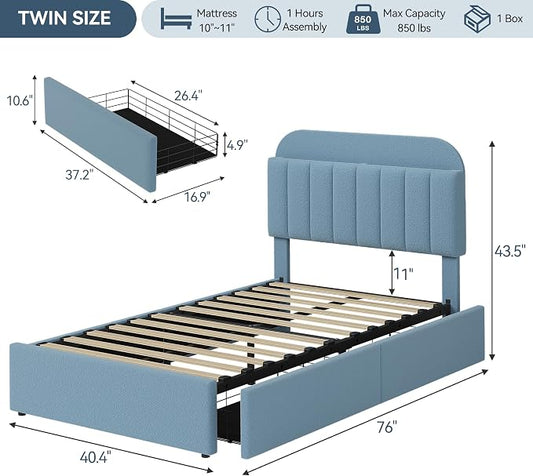 IDEALHOUSE Twin Bed Frame for Kids, Boucle Upholstered Platform Bed for Boys with 2 Flexible Drawers, Bookcase Headboard, Noise-Free, Easy Assembly, No Box Spring Needed, Blue