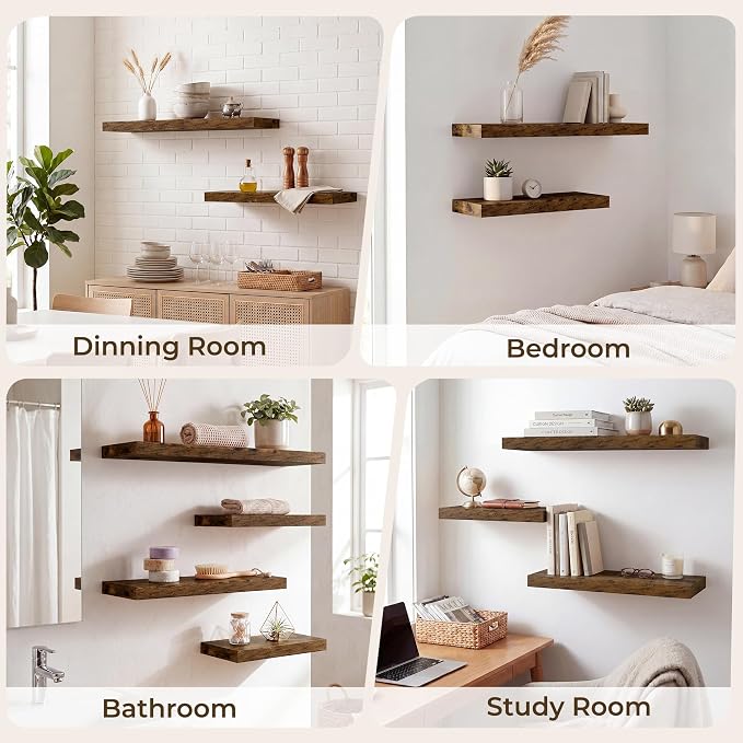 RICHFOCUS 20Inch Floating Shelves for Wall 2 Pack Shelves for Bedroom|Kitchen|Bathroom|Laundry Room Rustic Wood Wall Mounted Shelf with Invisible Brackets for Books|Storage|Decor, Rustic Brown