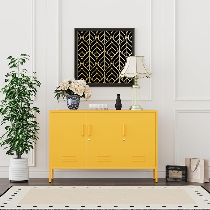 Yellow Wide Metal Storage Cabinet, 32" H Heavy Duty Steel Locker with Lock, 2 Adjustable Shelves & Ventilated Doors for Home Office Kitchen Living Room