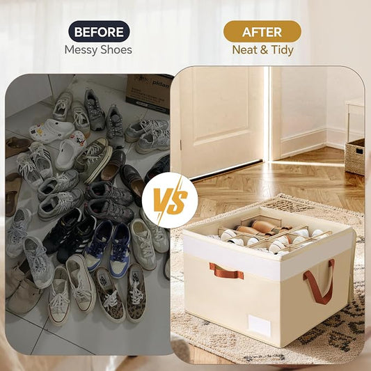 Criusia Shoe Organizer for Closet, 2 Pack Foldable Shoe Storage Organizer Box Bin with Adjustable Dividers and Clear Cover, Closet Shoe Storage for Sneakers Sandals Boots, Fit 16-32 Pairs, Beige