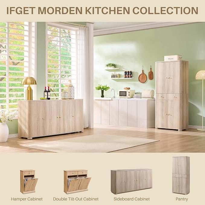 IFGET Curved Buffet Cabinet with Doors, 66" Large Sideboard Buffet Storage Cabinet with 4 Doors and Shleves, Modern Coffee Bar Station Wood Kitchen Table for Kitchen, Dining Room, Light Grey