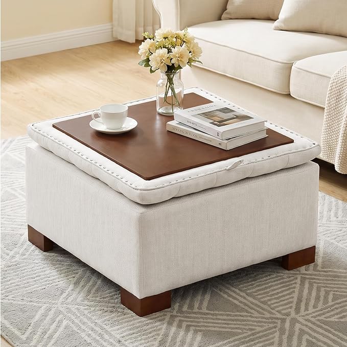 30 Inch Square Storage Ottoman Coffee Table, Modern Tufted Upholstered Ottoman with Flip Tray and Solid Wood Legs, Suitable for Living Rooms, Linen Beige