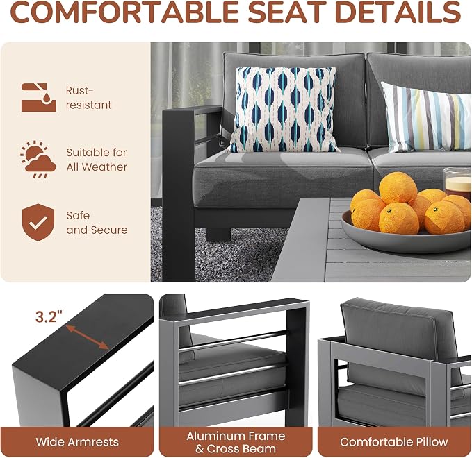 Solaste Aluminum Patio Furniture Set with 55" Fire Pit Table, 7 Seats Metal Outdoor Furniture with Water-Resistant Cushions, Modern Patio Conversation Set for Balcony, Front Porch, and Backyard, Grey