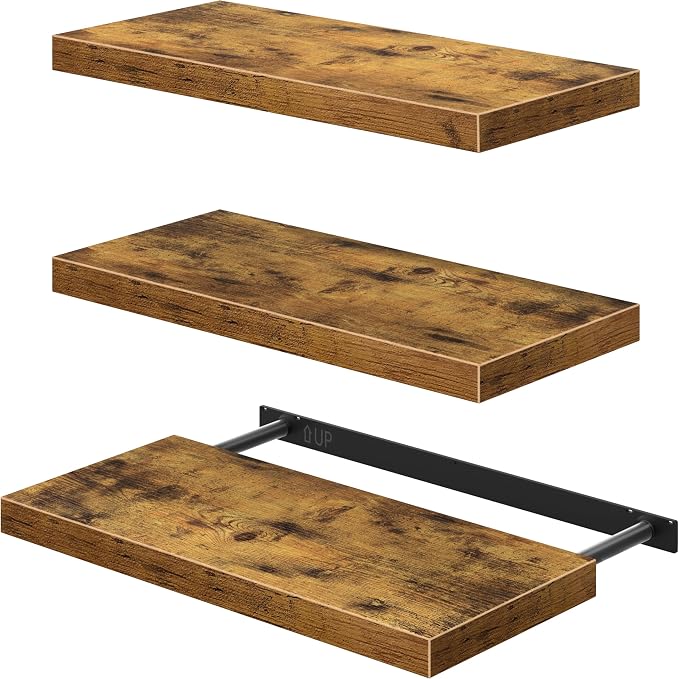 QEEIG 10" Deep Floating Shelves for Wall - 10 x 24 inch Book Shelf Bathroom Bedroom Kitchen Living Room Hanging Bookshelf Farmhouse Set of 3, Rustic Brown (025-60BN3)
