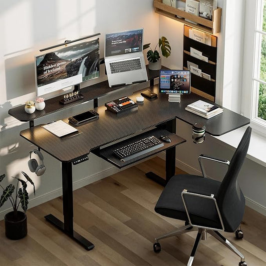 Acrolix 59 Inch L Shaped Standing Desk with Shelves and Keyboard, Electric Corner Standing Desk Adjustable Height, Sit Stand Computer Table with Reversiable Splice Board,Black Carbon