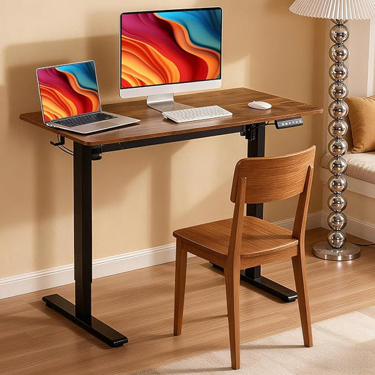 47"x24" Standing Desk Height Adjustable Electric Stand up Desks for Home Office Computer Sit Stand Desk with Two-Piece Desktop with gap LED Display 3 Memory Presets T-Shaped Metal Support,Brown
