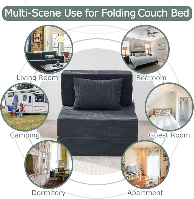 Folding Sofa Bed, 4 in 1 Convertible Sleeper Chair with Pillow, Single Memory Foam Fold Out Chair Bed, Modern Floor Futon Sofa Couch Mattress for Living Room/Guest/Apartment, Dark Grey