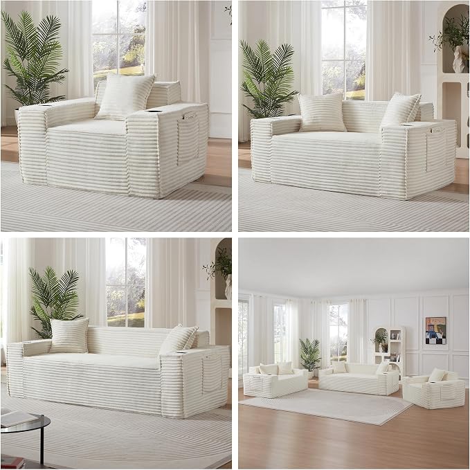 Boneless Sectional Sofa Couch with Cup Holders & Side Pockets, Modern Corduroy Fabric Deep Seat Loveseat Cloud Couch for Living Room Office, No Assembly (White)