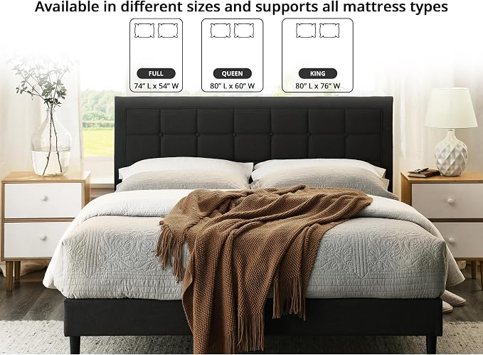 Decoro Mornington Upholstered 2.0 Platform Bed, Button-Tufted Fabric Headboard and Metal Frame with Wood Slat Support, Dark Grey, King
