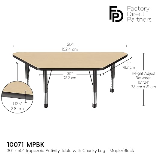 FDP Trapezoid Activity School and Classroom Kids Table (30 x 60 inch), Chunky Toddler Legs for Collaborative Seating Environments, Adjustable Height 15-24 inches - Maple Top and Black Edge