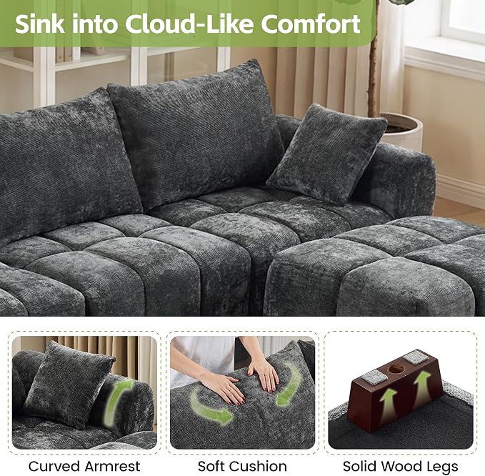 112" L Shaped Modular Sectional Sofa, Grey Chenille Cloud Couch, Modern Upholstered 4 Seater Couch with Removable Ottoman, Tufted Deep Seat & Wood Legs, Sectional Couches for Living Room Apartment