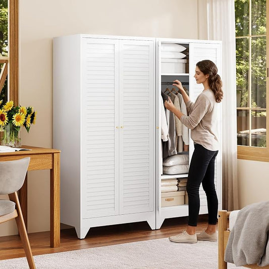 Letaya Armoire Wardrobe Closet,20" Deep Metal Wardrobe Cabinet with Doors and Shelves,Hanging Rod Clothing Storage Cabinets for Home Room (White)