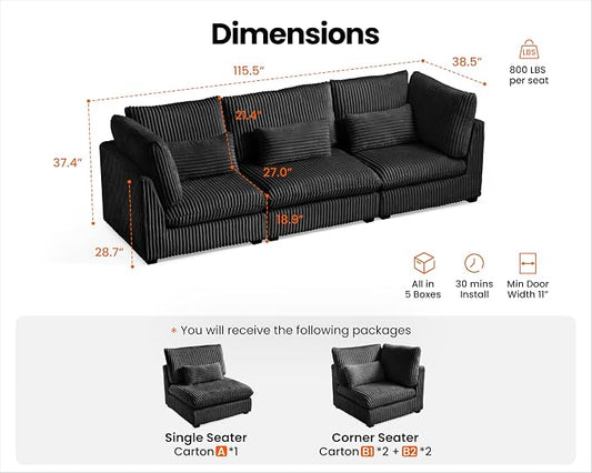 115" Oversized Corduroy Couch Modular Sectional Sofa, Washable Cloud Couch Sectional, 3 Seater Sectional Couches for Living Room, Fully Cover Removable, Basic 3 Seater, Corduroy, Black
